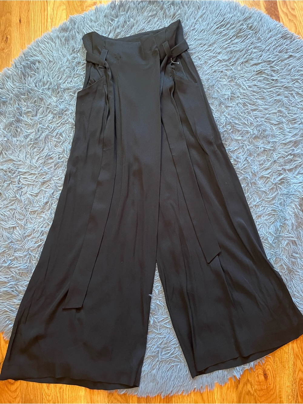 Mango Premium Wide Leg Black Satin Tie Waist Cropped Wrap Pants Size S